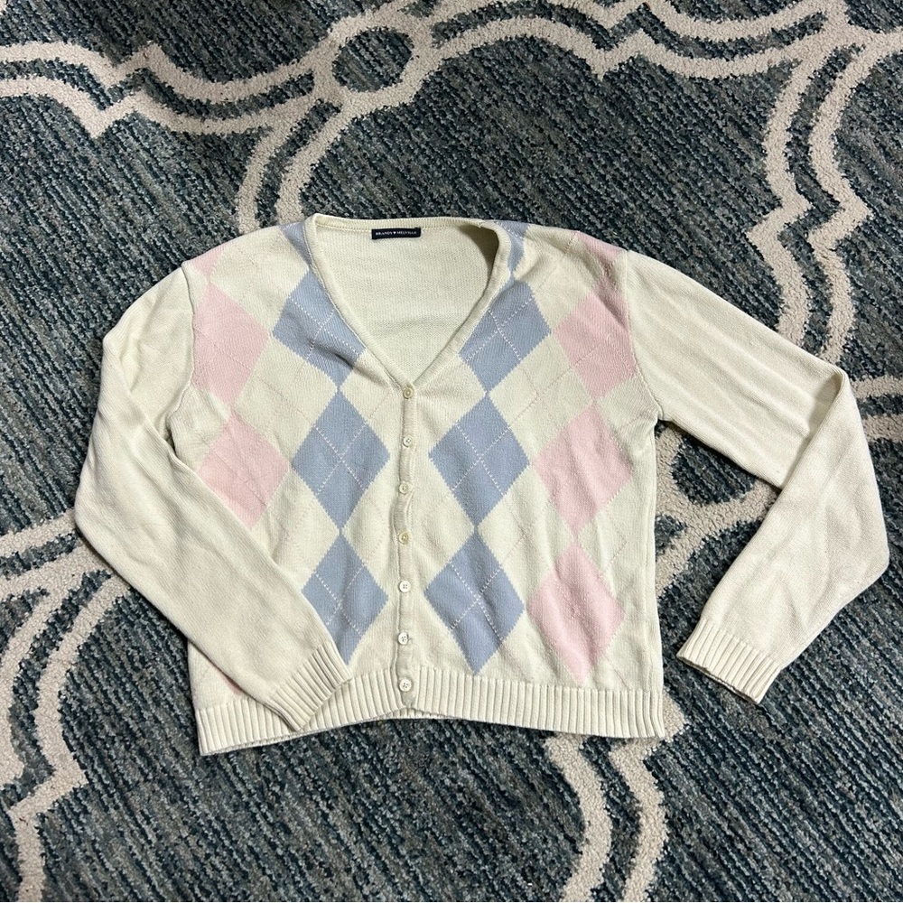 Brandy Melville Cream, Pink, and Blue Argyle Cardigan